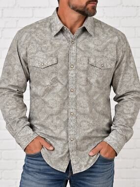 Cowboy Hardware Men XXL Western Shirt Gray Paisley Pearl Snap Long Sleeve Cotton